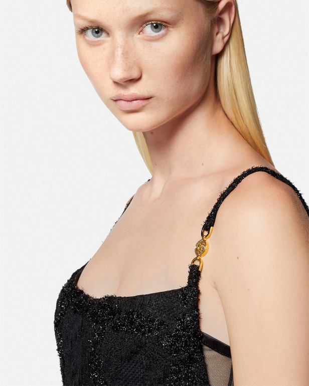 roupas P2TX77 Versace minivestido de tweed com pontas medusa preto mulheres