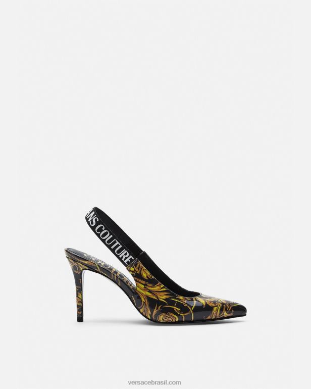 sapato P2TX2308 Versace bombas slingback de alta costura com logotipo ouro Preto mulheres