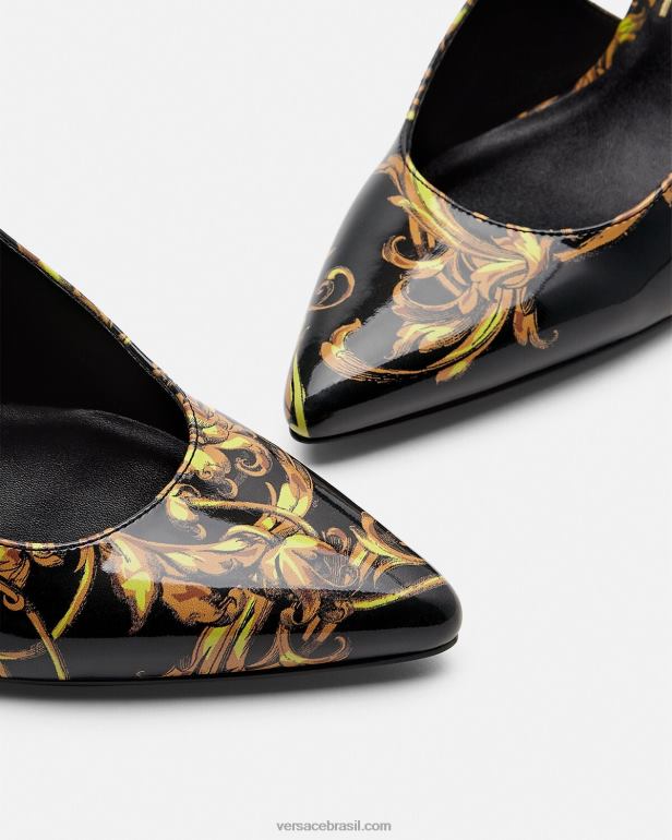 sapato P2TX2308 Versace bombas slingback de alta costura com logotipo ouro Preto mulheres