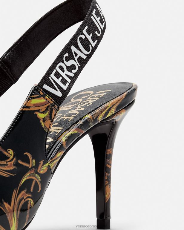 sapato P2TX2308 Versace bombas slingback de alta costura com logotipo ouro Preto mulheres