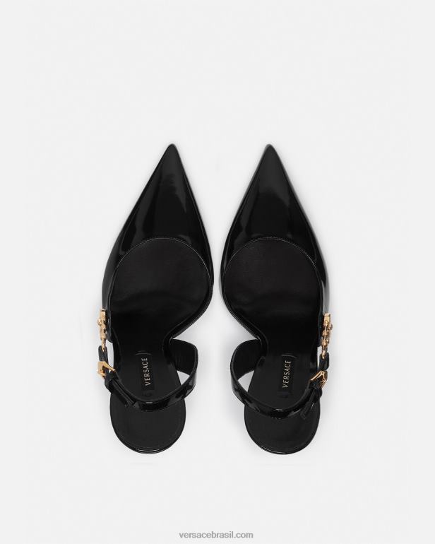 sapato P2TX490 Versace bombas de couro envernizado com alfinete de segurança preto mulheres