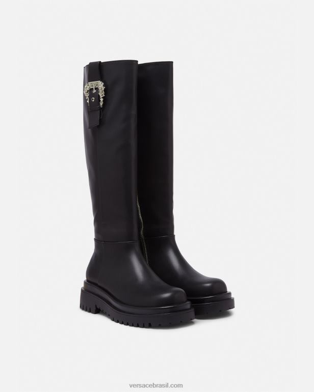 sapato P2TX2269 Versace desenhou botas de cano alto com fivela barroca preto mulheres