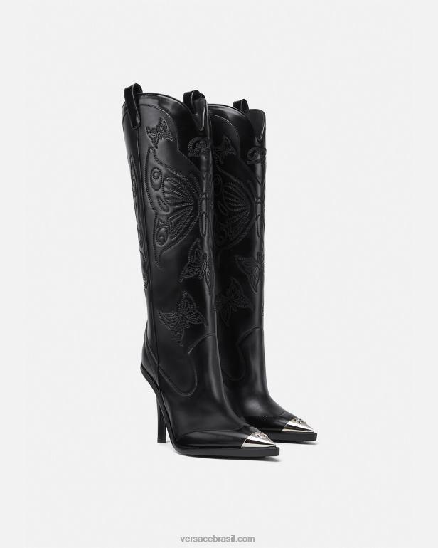 sapato P2TX473 Versace botas de cano alto com borboletas preto mulheres