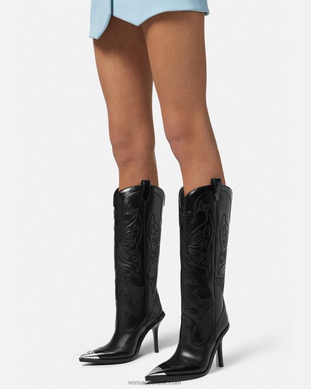 sapato P2TX473 Versace botas de cano alto com borboletas preto mulheres