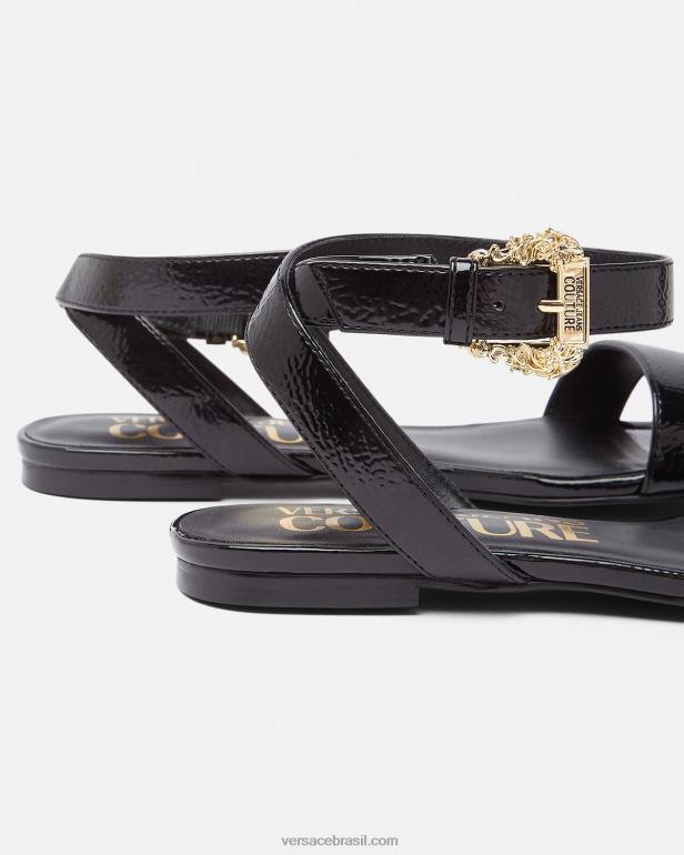 sapato P2TX2259 Versace sandália rasteira com fivela barroca milie preto mulheres