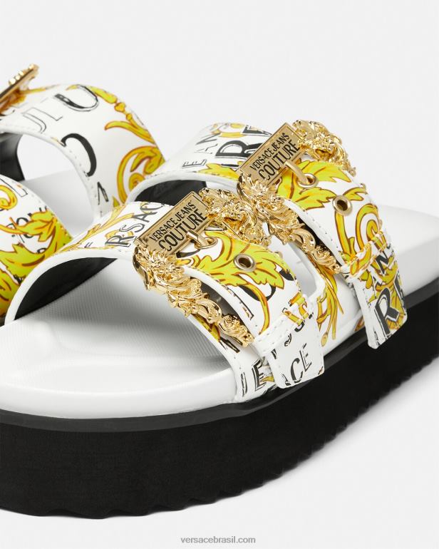 sapato P2TX2275 Versace sandálias de alta costura com logotipo do Arizona ouro e branco mulheres