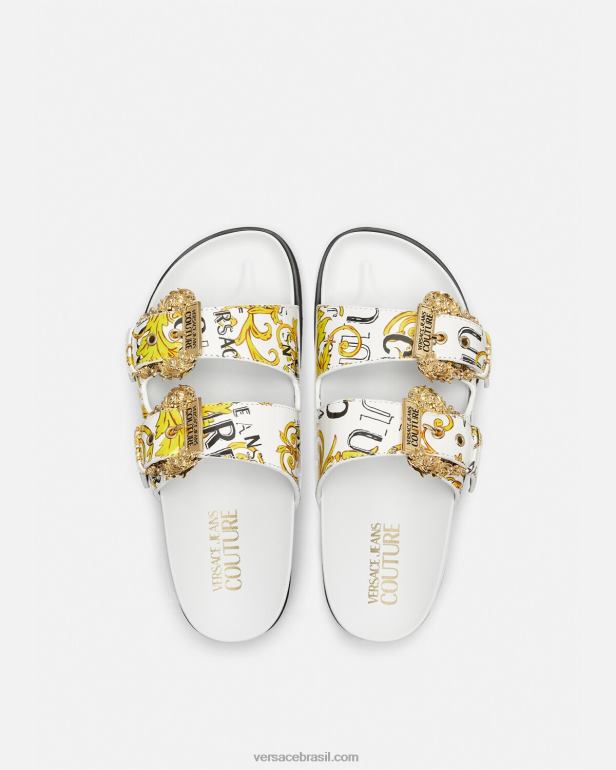 sapato P2TX2275 Versace sandálias de alta costura com logotipo do Arizona ouro e branco mulheres