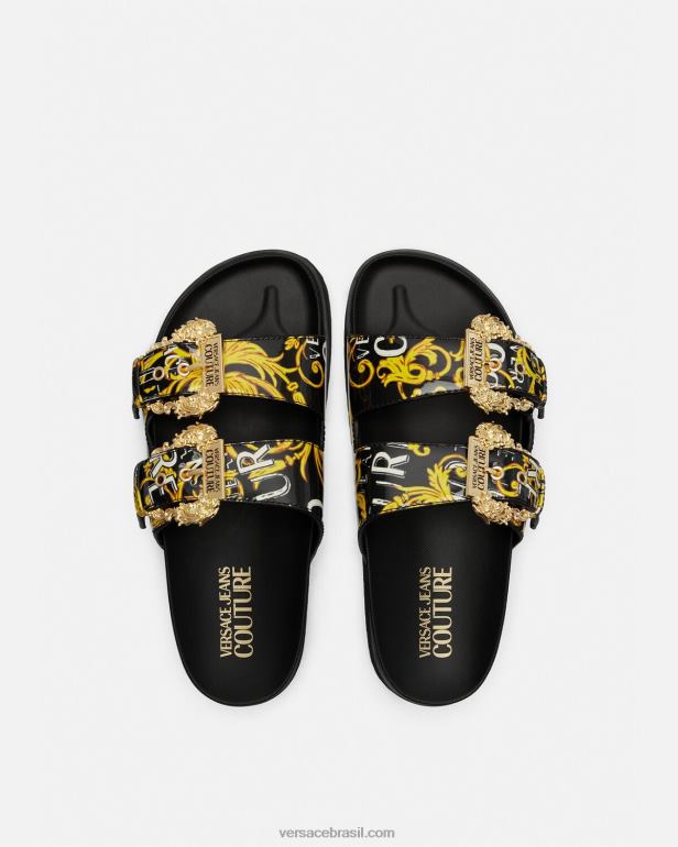 sapato P2TX2276 Versace sandálias de alta costura com logotipo do Arizona ouro Preto mulheres