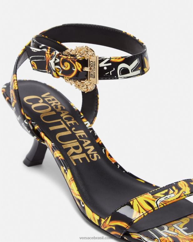 sapato P2TX2285 Versace sandália fiona de alta costura com logo ouro Preto mulheres