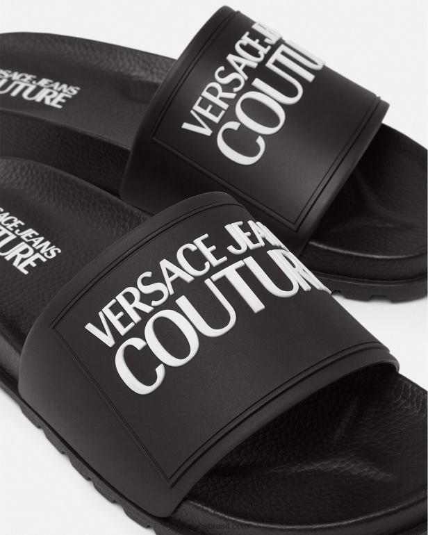 sapato P2TX2290 Versace slides de borracha com logotipo preto mulheres