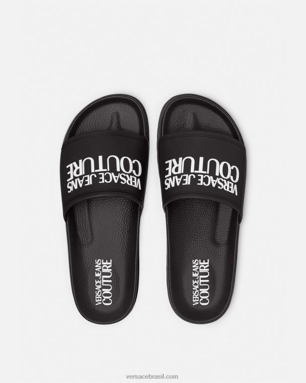 sapato P2TX2290 Versace slides de borracha com logotipo preto mulheres