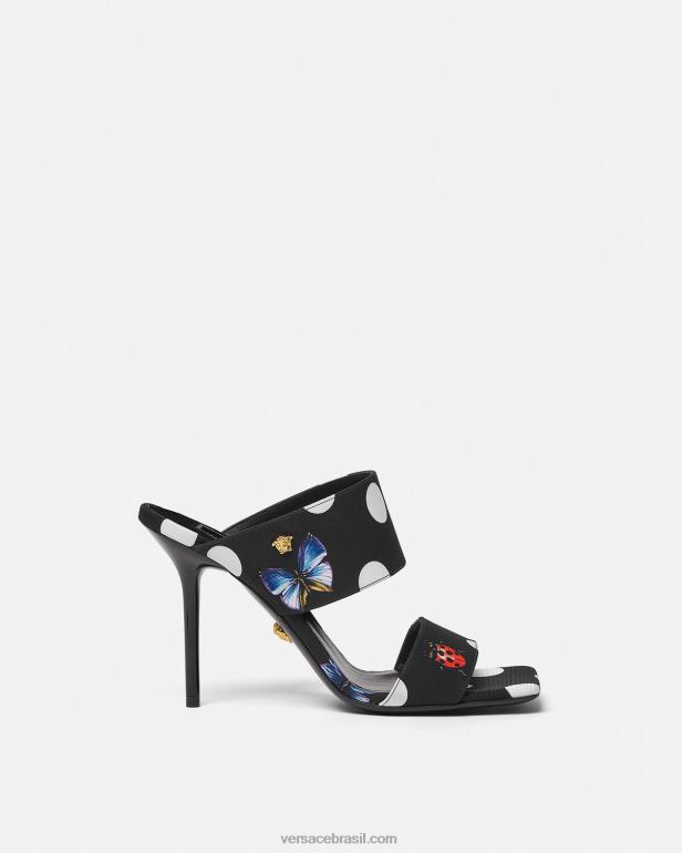 sapato P2TX431 Versace mules de salto alto em lona com borboletas imprimir mulheres