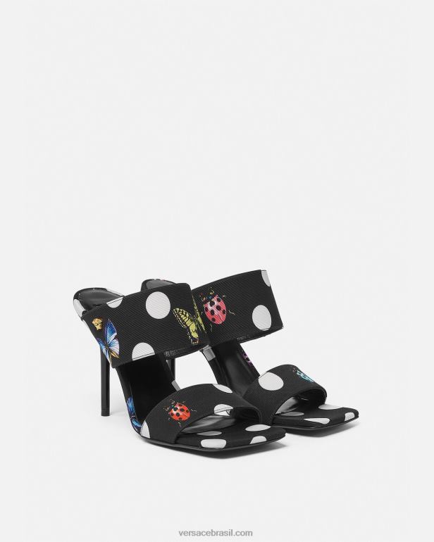 sapato P2TX431 Versace mules de salto alto em lona com borboletas imprimir mulheres