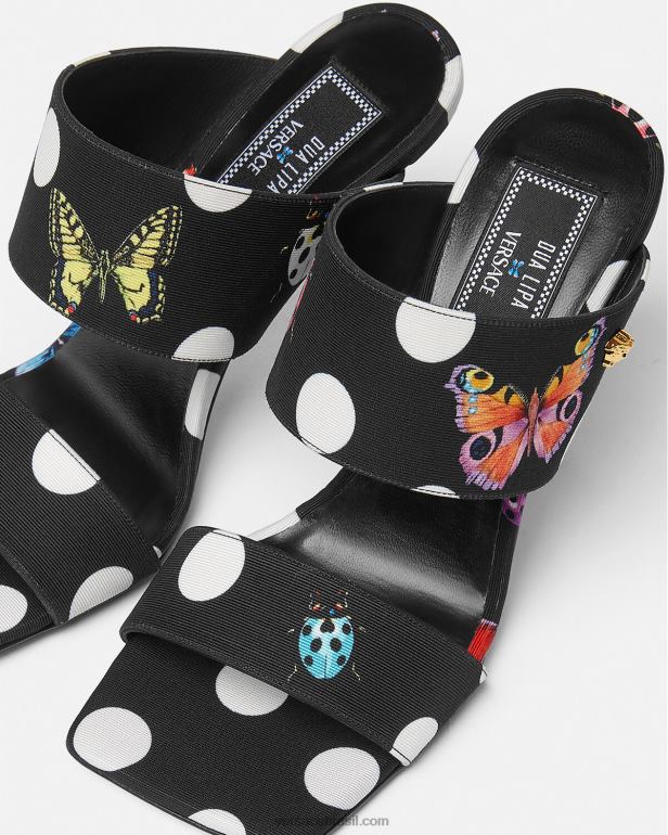 sapato P2TX431 Versace mules de salto alto em lona com borboletas imprimir mulheres