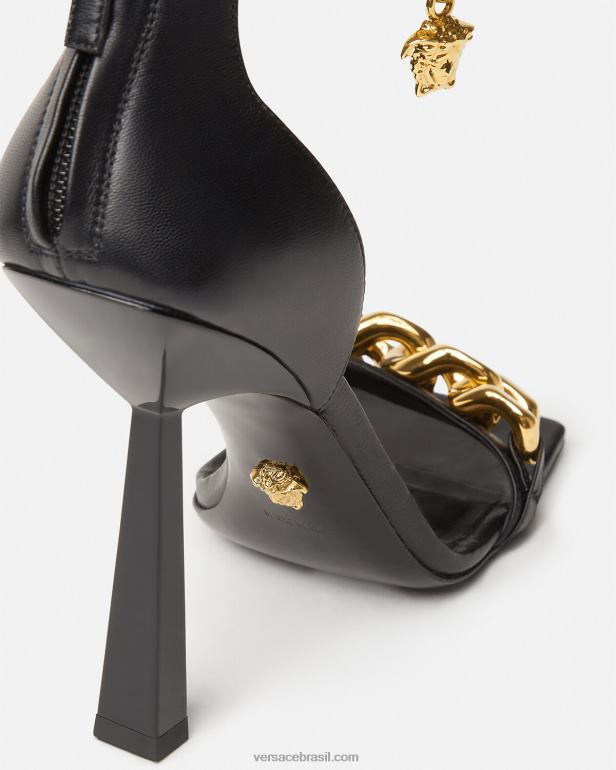 sapato P2TX445 Versace sandália de salto alto com corrente medusa preto mulheres