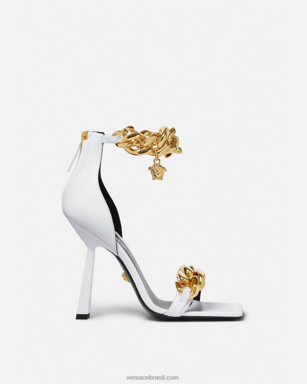 sapato P2TX446 Versace sandália de salto alto com corrente medusa branco mulheres