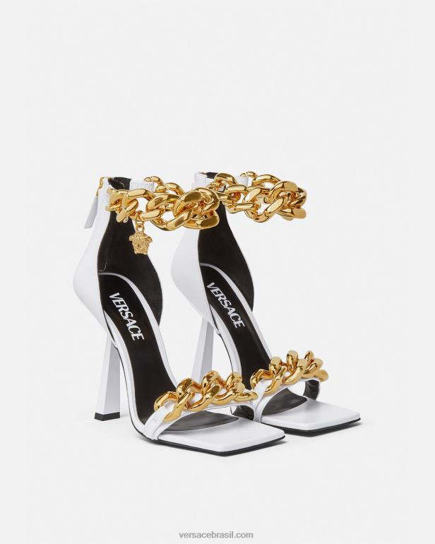 sapato P2TX446 Versace sandália de salto alto com corrente medusa branco mulheres