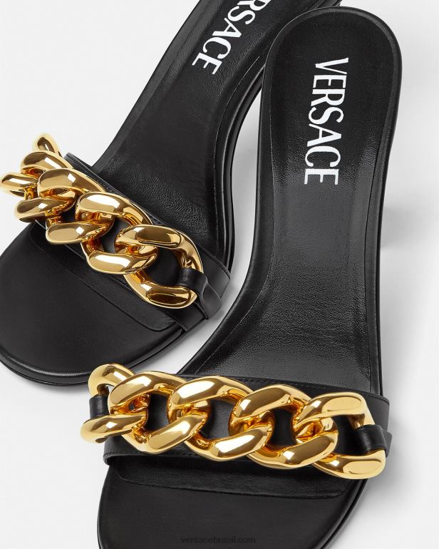 sapato P2TX461 Versace sandálias de salto médio com corrente preto mulheres