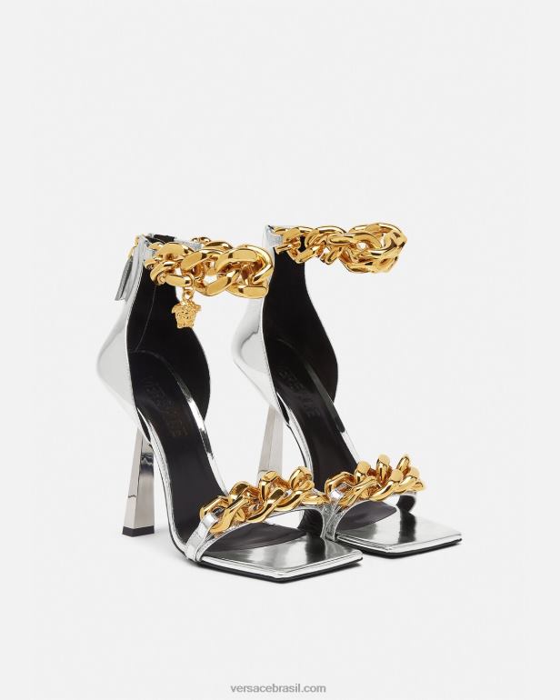 sapato P2TX464 Versace sandália medusa com corrente metálica prata mulheres
