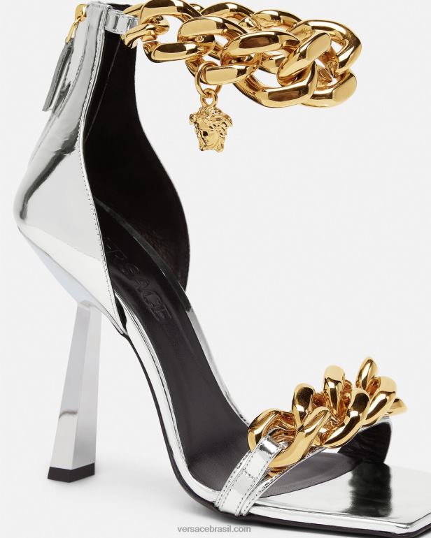 sapato P2TX464 Versace sandália medusa com corrente metálica prata mulheres