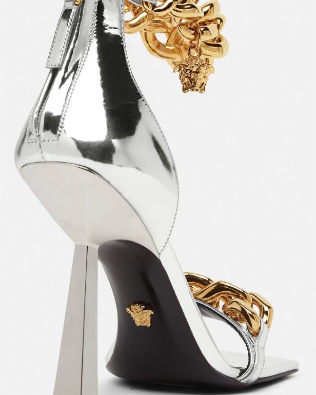 sapato P2TX464 Versace sandália medusa com corrente metálica prata mulheres
