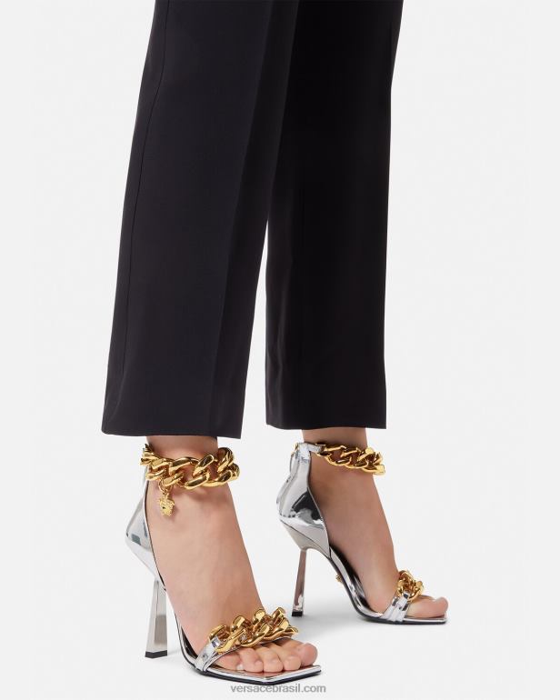 sapato P2TX464 Versace sandália medusa com corrente metálica prata mulheres