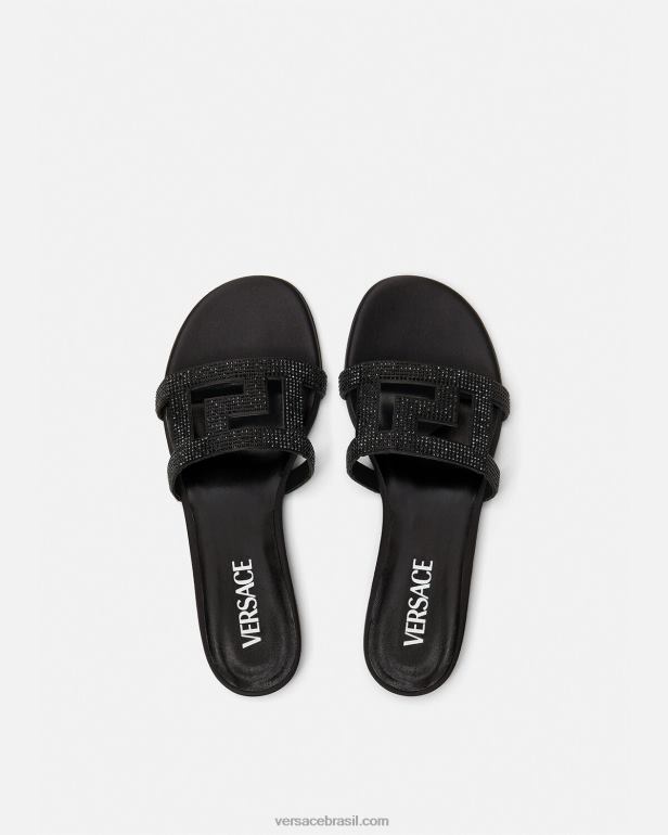 sapato P2TX472 Versace sandália rasteira de cristal greca maze preto mulheres
