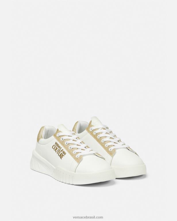 sapato P2TX2311 Versace tênis da cidade alta ouro e branco mulheres